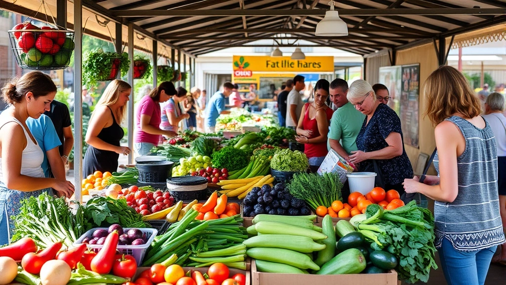 Community farmers market with fresh produce display, diverse shoppers selecting vegetables and fruits, natural sunlight, vibrant health-focused atmosphere, outdoor setting