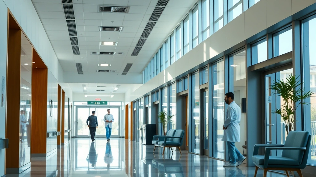 Modern hospital corridor with natural lighting, clean architectural design, welcoming entrance area with comfortable seating, professional healthcare staff in background, bright and contemporary medical facility aesthetic