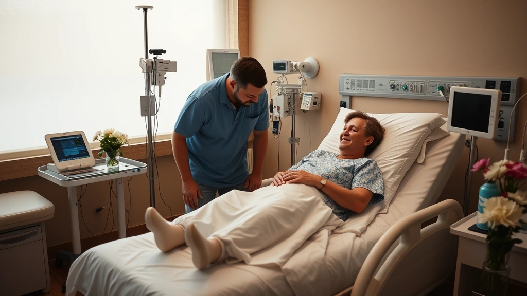 Patient recovery room with comfortable bed, family visitor sitting beside, soft lighting, modern medical equipment discretely integrated, peaceful healing environment with personal touches and flowers