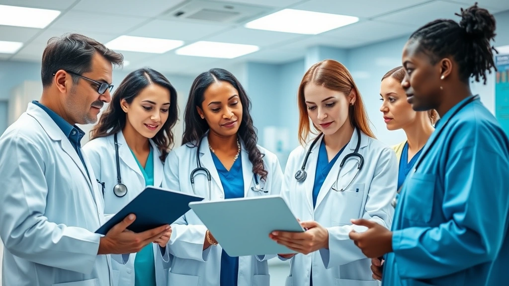 Diverse medical team collaborating in clinical setting, doctors and nurses reviewing patient information together, modern hospital technology visible, professional healthcare environment emphasizing teamwork and patient care