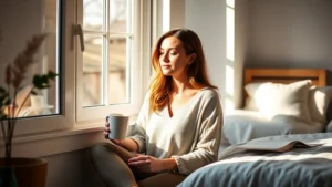 Woman sitting peacefully by window with morning coffee, natural sunlight, calm expression, cozy bedroom background, mindfulness moment, serene atmosphere