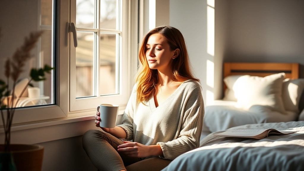 Woman sitting peacefully by window with morning coffee, natural sunlight, calm expression, cozy bedroom background, mindfulness moment, serene atmosphere