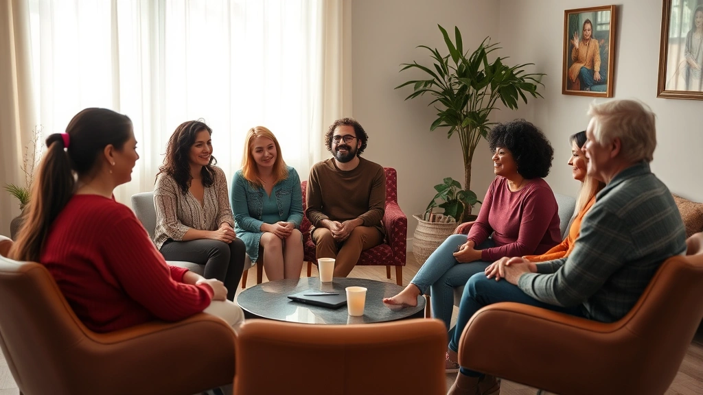 Group of diverse people in therapy circle, supportive environment, warm lighting, comfortable seating, compassionate conversation, healing space