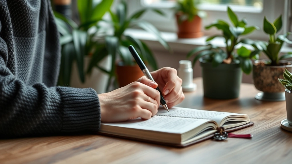 Person journaling with pen at desk, notebook open, plants nearby, soft natural lighting, reflective moment, personal growth, mental wellness practice