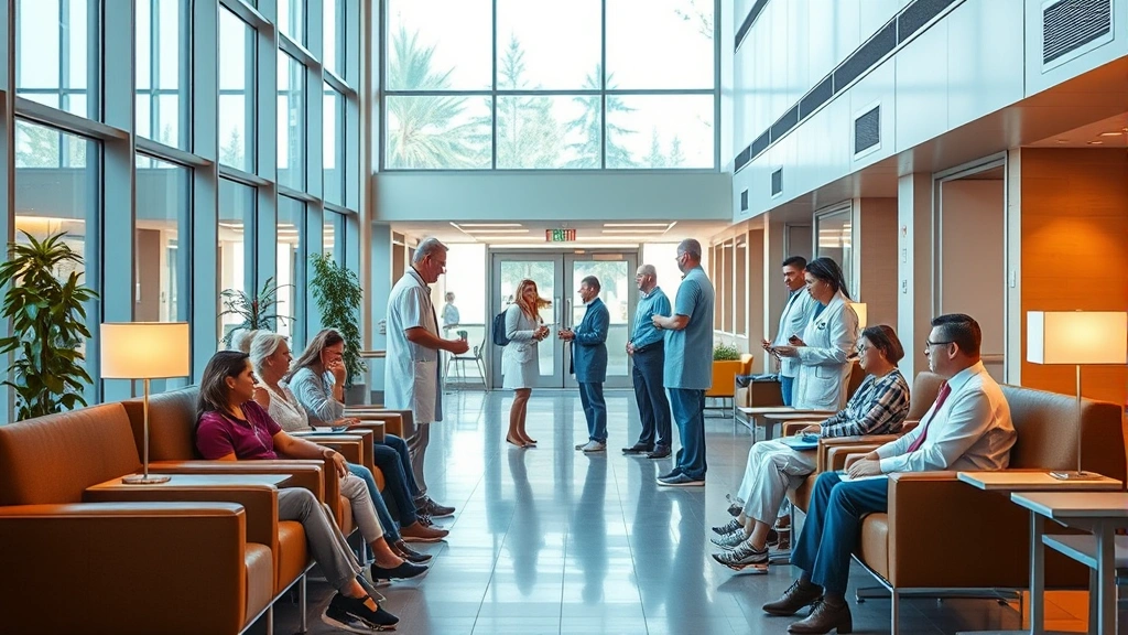 Modern hospital lobby with warm lighting, diverse patients and healthcare staff interacting warmly, comfortable seating, large windows showing natural light, welcoming and professional atmosphere