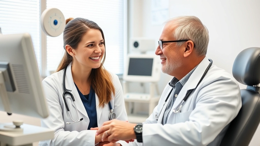 Compassionate female doctor consulting with male patient in bright clinical exam room, both smiling, modern medical equipment visible, warm professional interaction demonstrating patient care