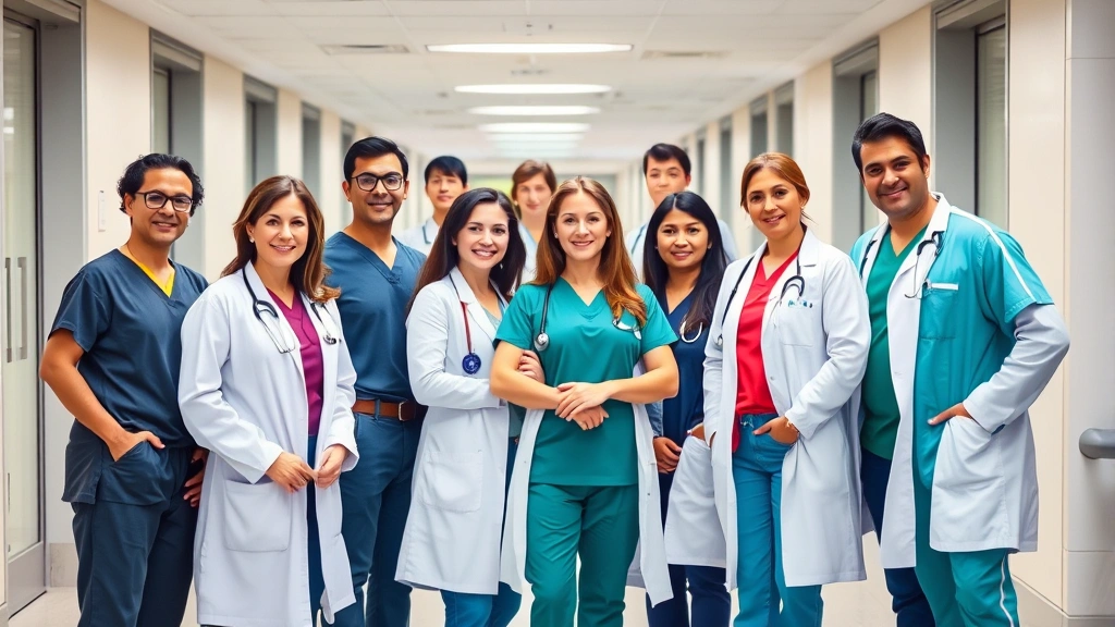 Diverse group of healthcare professionals in scrubs and white coats standing together in modern hospital corridor, confident and approachable expressions, contemporary medical facility background