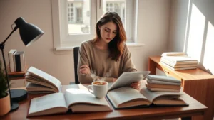 Woman sitting at a wooden desk surrounded by open books and a steaming coffee cup, natural light streaming through a window, focused expression while reading, modern minimalist home office setting, warm and inviting atmosphere