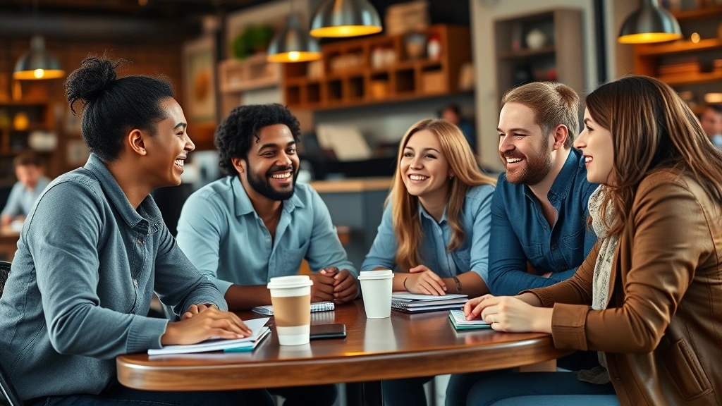 Group of diverse friends engaged in animated discussion at a coffee shop, laughing and leaning forward with genuine interest, notebooks and coffee cups on table, warm lighting, genuine intellectual connection and community