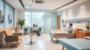 Modern hospital patient room with comfortable seating, soft lighting, and welcoming environment. Family members visiting patient in clean, peaceful healthcare setting with contemporary furniture and calming decor