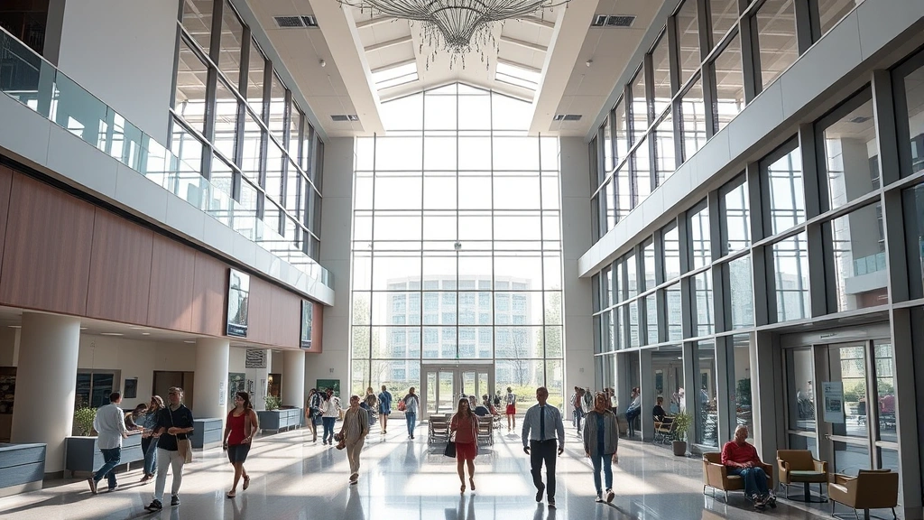 Modern hospital atrium with natural light streaming through expansive windows, contemporary healthcare facility with comfortable seating areas, diverse patients and staff moving through welcoming medical building