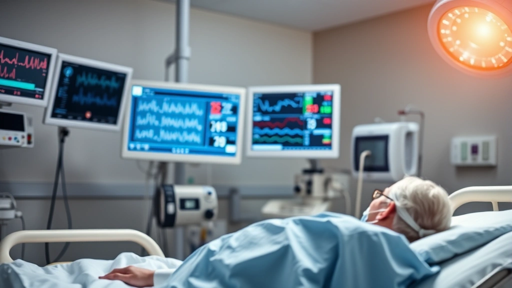 Emergency room physician in surgical mask examining patient on hospital bed with monitors displaying vital signs in background, warm clinical lighting, modern hospital setting
