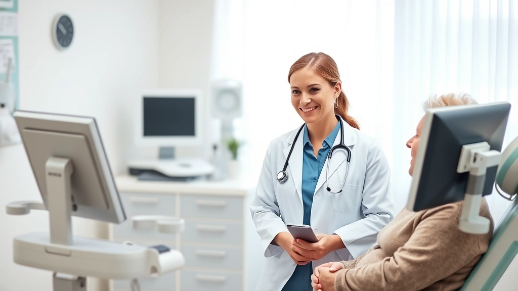 Compassionate female doctor in white coat consulting with middle-aged patient in bright, comfortable examination room, warm professional healthcare interaction with modern medical equipment visible