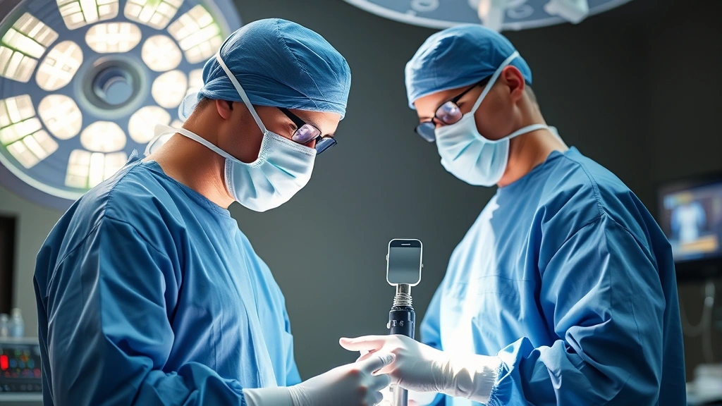 Cardiac surgeon in operating room performing minimally invasive procedure with robotic surgical assistance, bright surgical lights reflecting off equipment, professional medical environment