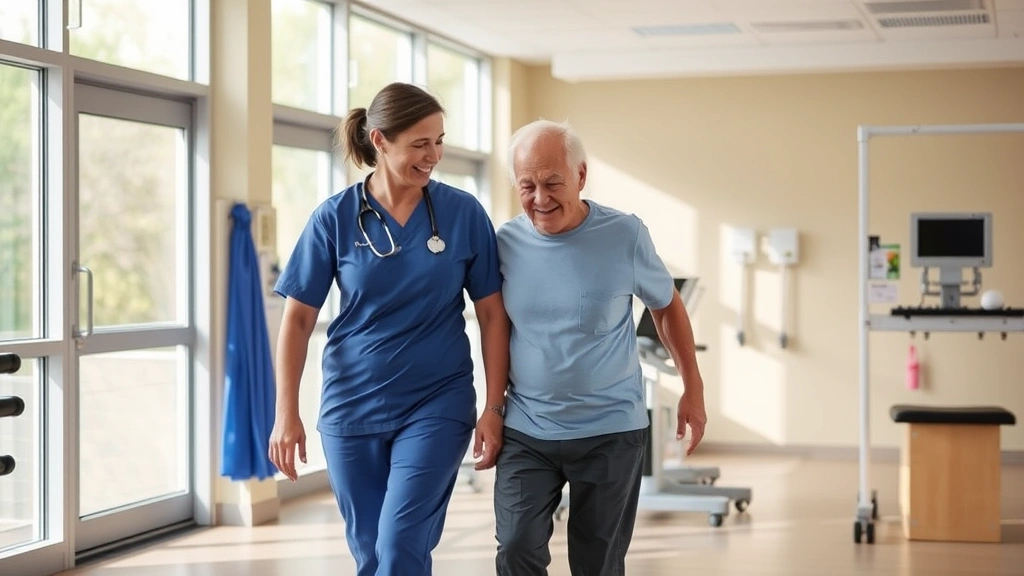 Physical therapist helping stroke recovery patient walk in rehabilitation wing, natural sunlight through windows, encouraging supportive atmosphere with modern therapy equipment