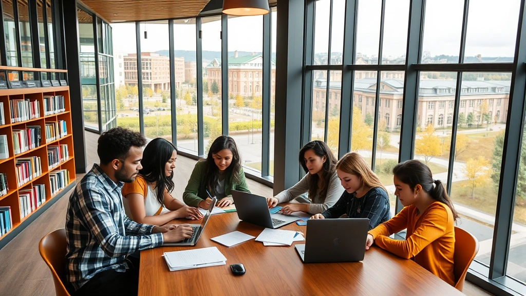Young diverse students studying together in a modern library with floor-to-ceiling windows overlooking a vibrant international campus, warm natural lighting, collaborative atmosphere, laptops and notes spread across wooden table