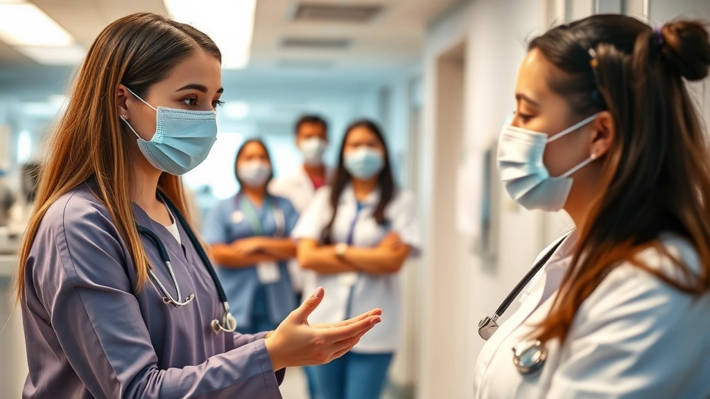 Female healthcare professional in clinical setting examining patient with international colleagues visible in background, modern hospital environment, diverse team collaboration, professional attire, warm clinical lighting
