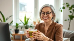 Middle-aged professional woman in sunlit home office smiling during video call, holding green tea, plants visible in background, relaxed confident posture, natural lighting