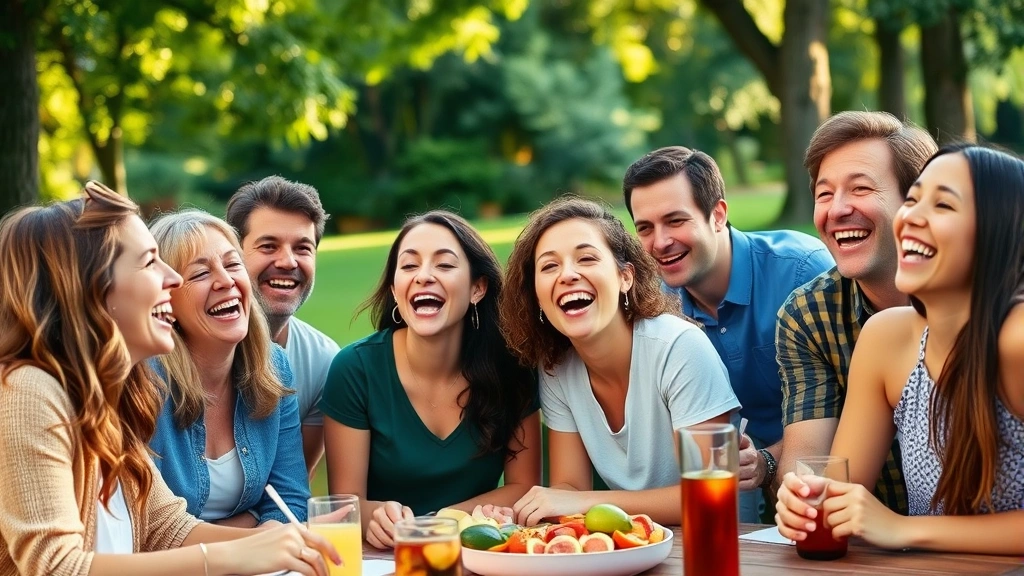 Diverse group of people laughing together at outdoor park picnic, genuine joy on faces, natural green environment, warm afternoon light, casual comfortable clothing