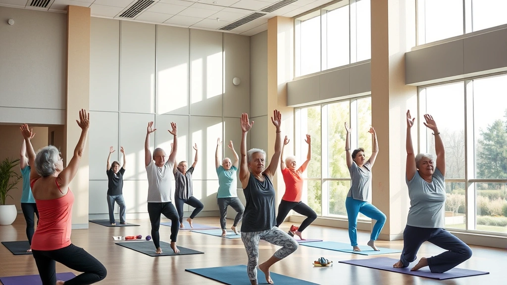 Modern hospital wellness center with patients in yoga class, natural light streaming through large windows, calming earth-tone décor, people of diverse ages practicing poses together