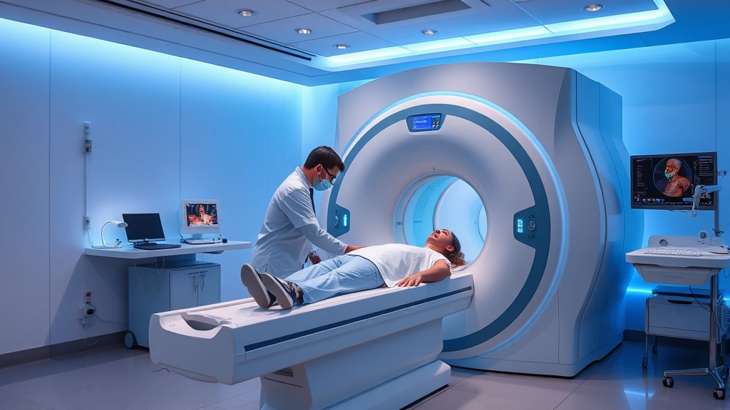 State-of-the-art medical imaging room with technician assisting patient at advanced MRI machine, clean contemporary design, soft blue lighting, professional healthcare environment
