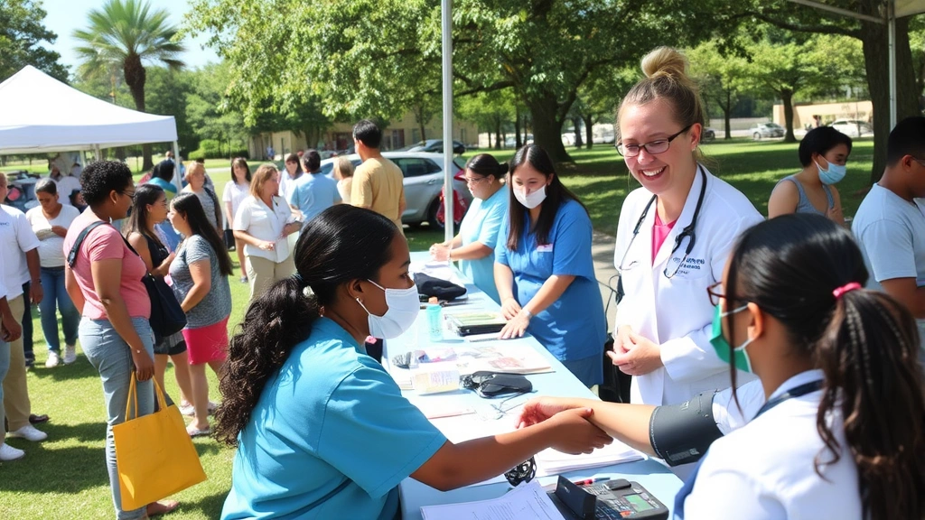 Community health fair outdoors with medical professionals conducting free screenings at booths, diverse community members participating, sunny day, green spaces, healthcare workers smiling while taking blood pressure
