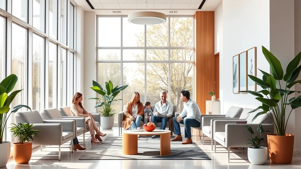 Warm, welcoming modern medical clinic waiting room with diverse families, natural lighting through large windows, comfortable seating, plants, soft contemporary design creating calming atmosphere