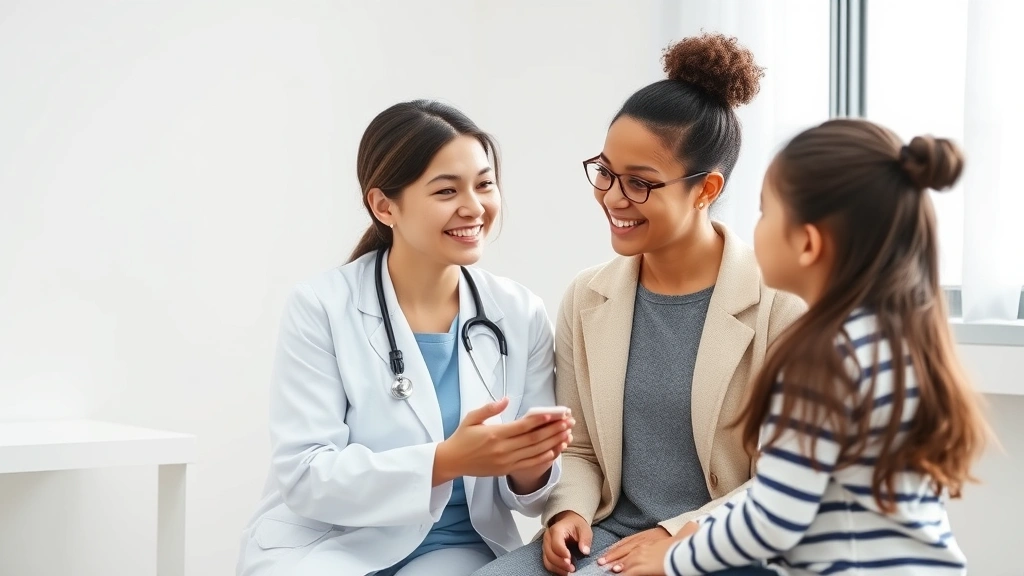 Female family medicine physician in white coat conducting friendly consultation with young mother and child in bright examination room, showing patient care and approachability