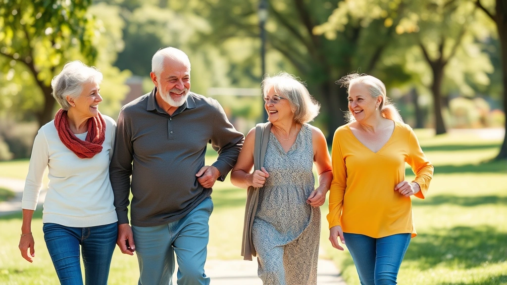 Multi-generational family of four walking together outdoors in sunny park setting, laughing and smiling, embodying health, vitality, wellness and active lifestyle