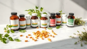 Bright, modern supplement bottles arranged on white marble countertop with fresh green herbs and vitamin pills scattered artfully, natural sunlight creating soft shadows, aspirational wellness lifestyle setting
