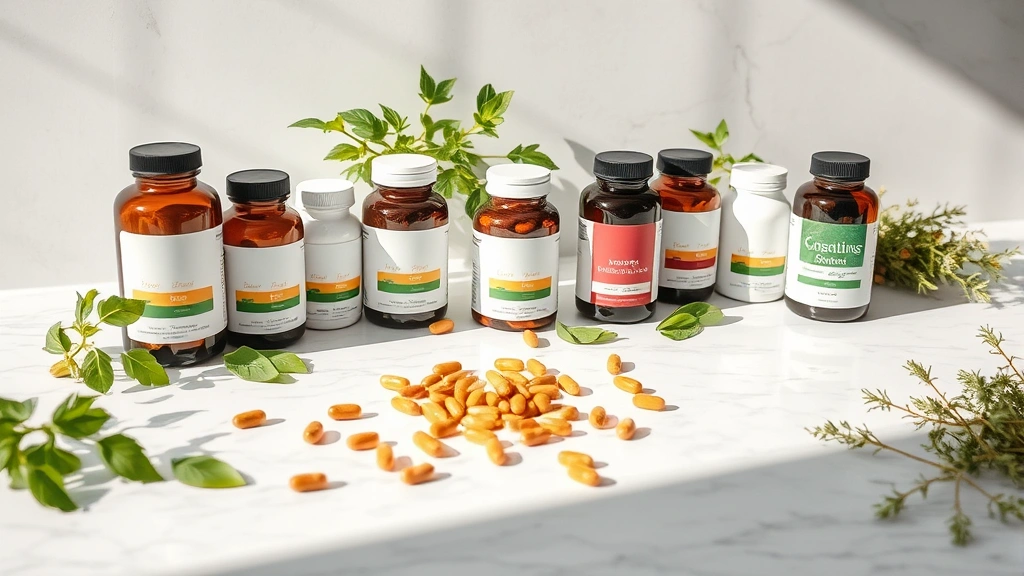 Bright, modern supplement bottles arranged on white marble countertop with fresh green herbs and vitamin pills scattered artfully, natural sunlight creating soft shadows, aspirational wellness lifestyle setting
