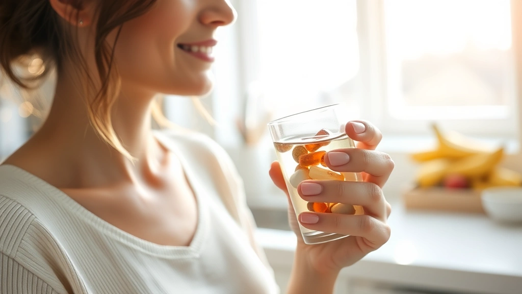 Close-up of woman taking supplement with glass of water, bright morning kitchen background, healthy breakfast visible, natural morning light, serene and wellness-focused composition
