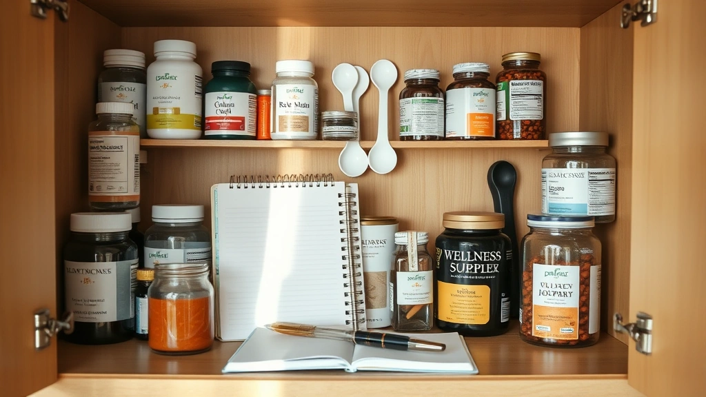 Organized supplement cabinet with various labeled bottles, measuring spoons, wellness journal, and health tracking device, minimalist aesthetic, clean lifestyle organization, natural lighting
