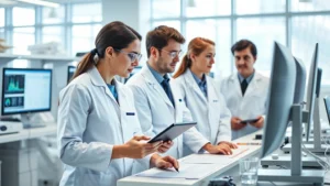 Professional health science researchers in modern laboratory analyzing data on multiple monitors, bright natural lighting, collaborative atmosphere with diverse team members, contemporary medical research setting