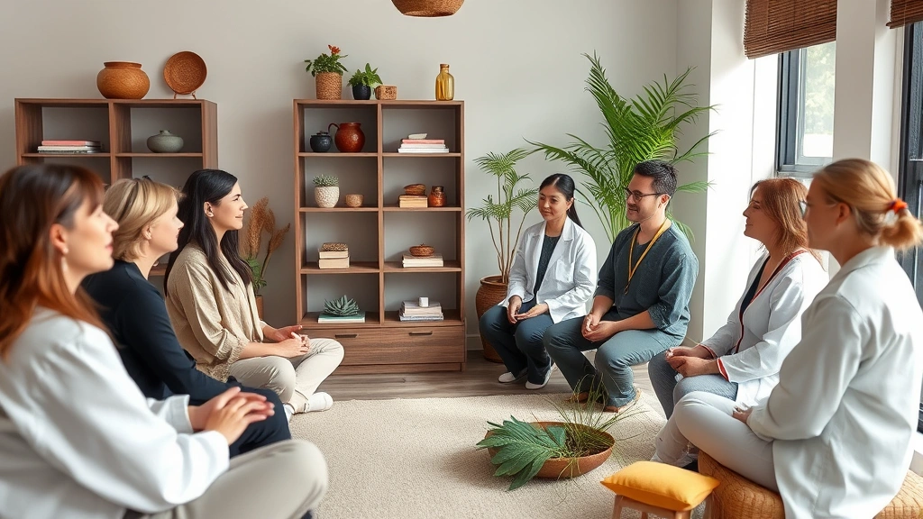 Diverse wellness professionals in wellness center conducting holistic health consultation, calm peaceful environment with natural elements, combining traditional and modern health practices, professional yet approachable setting