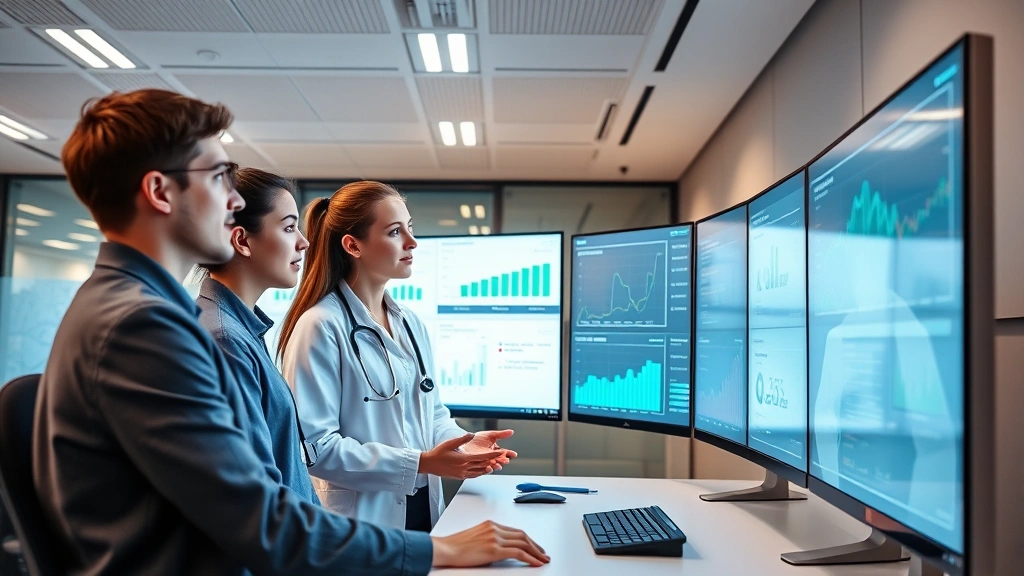 Young professionals in health informatics team reviewing patient data dashboards and health analytics on large interactive displays, modern healthcare technology office, collaborative problem-solving environment