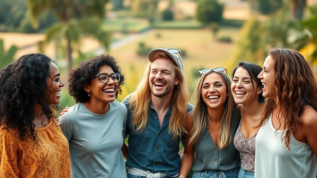 Diverse group of friends laughing together in outdoor garden setting, genuine connection and joy, natural landscape background, warm afternoon lighting, authentic happiness