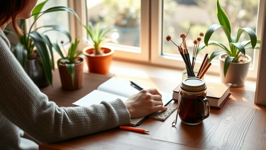 Person journaling peacefully at wooden desk near window, warm beverage, plants in background, natural morning light, reflective wellness moment, cozy mental health space