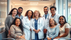 Diverse healthcare team members in modern clinic setting, smiling with patients of various ages and ethnicities, warm lighting, inclusive community health center environment