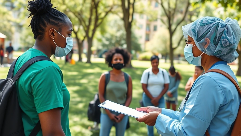 Community health worker conducting outdoor wellness screening in neighborhood park, diverse participants engaged in health education, natural daylight, urban setting with green spaces