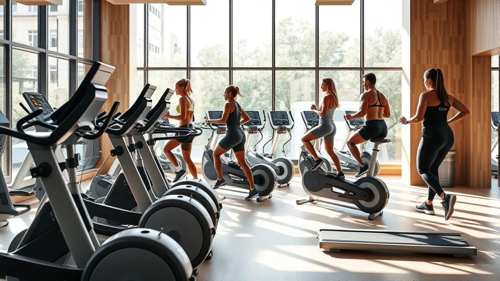 Modern gym interior with bright lighting, members using premium cardio equipment, motivational atmosphere, natural wood accents, large windows, professional fitness environment