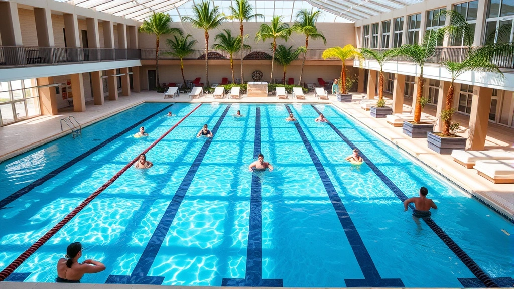 Resort-style swimming pool with lap lanes, crystal clear water, surrounding lounge area, members enjoying aquatic fitness, bright natural lighting, tropical wellness ambiance