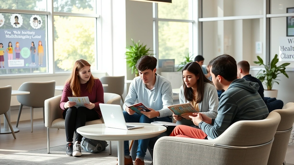 College students studying together in a modern, bright campus health center waiting room with comfortable seating, wellness posters, and natural light streaming through large windows