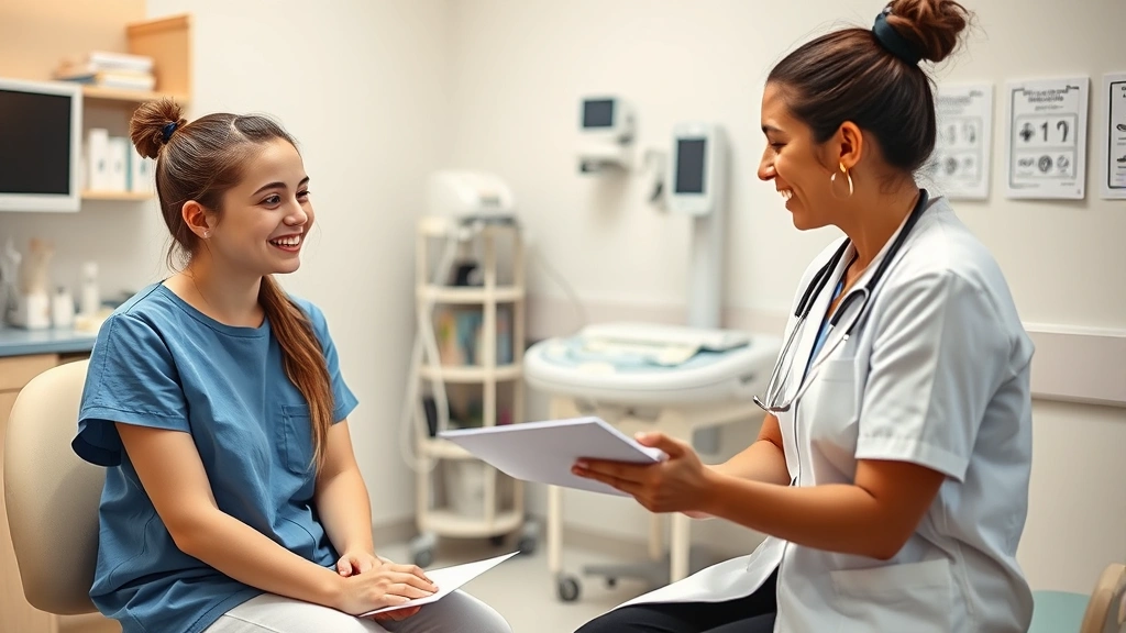 Young female student meeting with a female healthcare provider in a clinical office setting, both smiling, discussing health information, warm and professional atmosphere with medical equipment visible