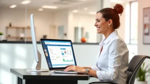 Professional woman sitting at desk with laptop, smiling while accessing patient portal on computer screen, modern healthcare office environment, bright natural lighting