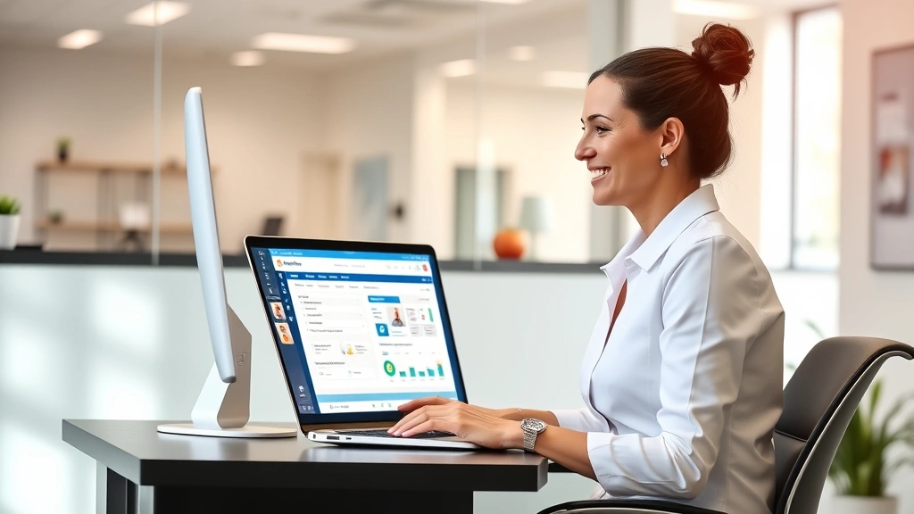 Professional woman sitting at desk with laptop, smiling while accessing patient portal on computer screen, modern healthcare office environment, bright natural lighting