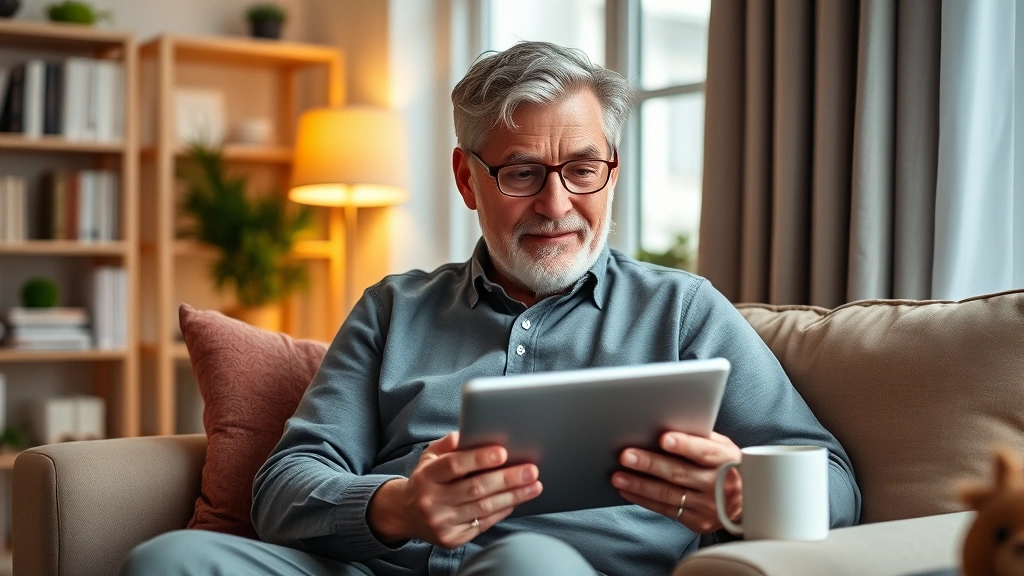 Middle-aged person in comfortable home office reviewing medical records on tablet, warm lighting, coffee cup nearby, confident expression while managing healthcare digitally