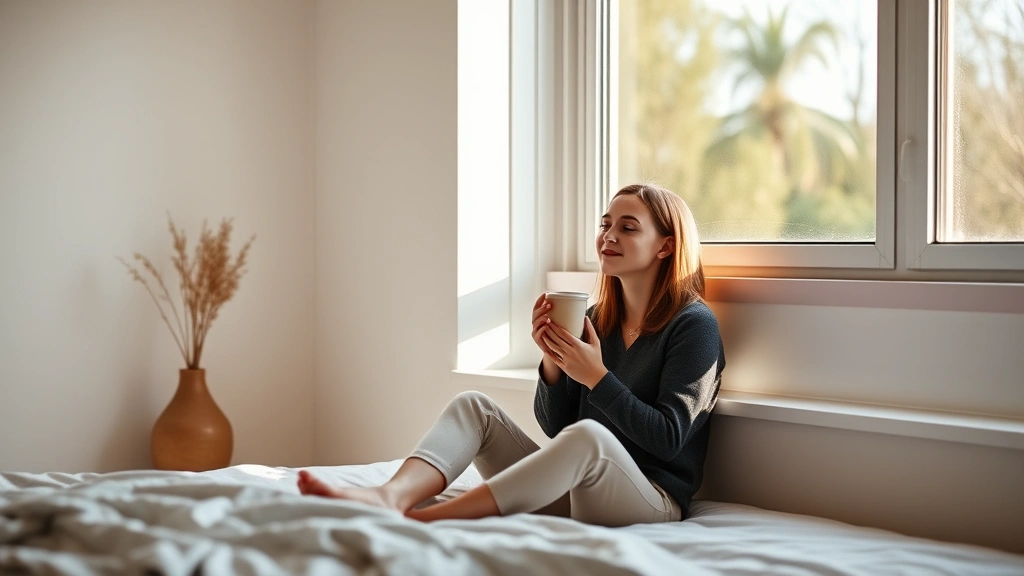 Person sitting peacefully by large window with natural light, holding warm beverage, serene expression, modern minimalist bedroom setting, soft morning atmosphere, wellness lifestyle moment
