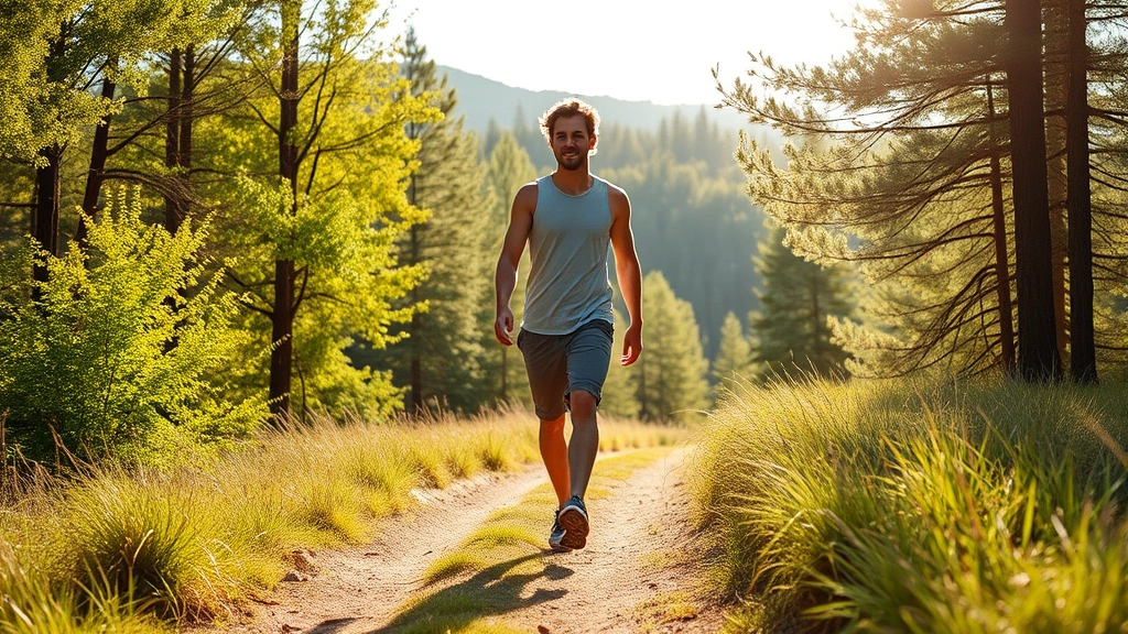 Individual walking on nature trail surrounded by green trees and sunlight, casual athletic wear, peaceful movement, outdoor mental health activity, beautiful natural landscape background