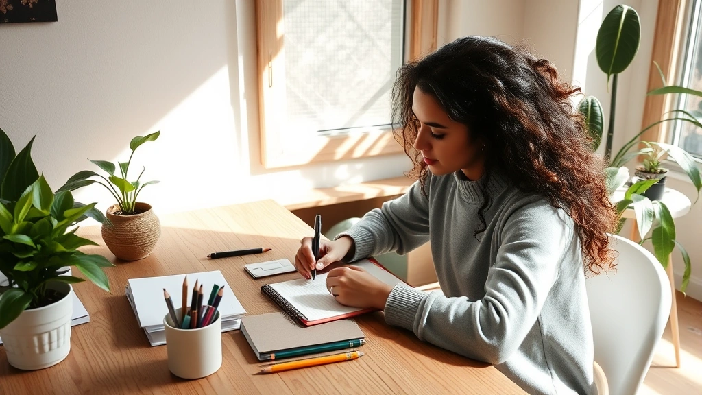 Person journaling at wooden desk with plants nearby, thoughtful expression, natural light streaming in, peaceful creative space, mental wellness self-care practice, organized calm environment